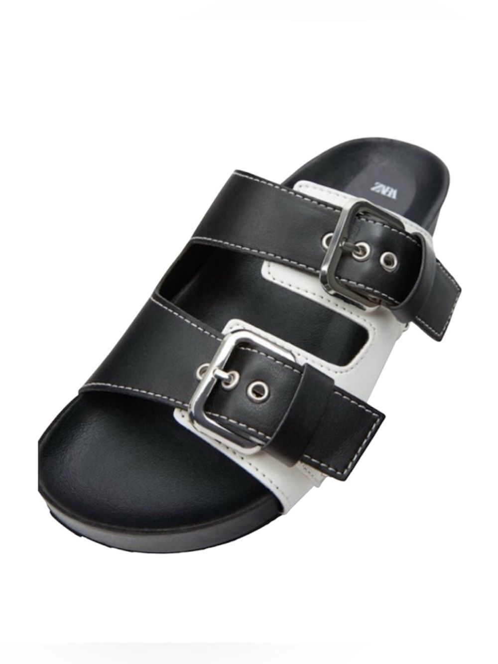 Zara Black and White Double Buckle Slide Sandals EUC